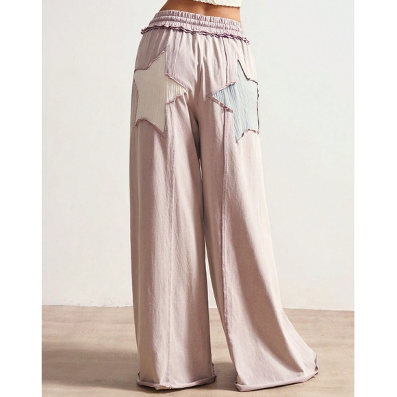 Boho Cotton Star Patch Stretchy Waist Wide leg Lounge Pants - Picture 2 of 7